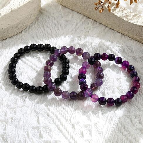 3Pcs 8mm Crystal Bead Bracelets for Women Natural Gemstone Amethyst Rose Quartz Tiger Eye Crystal Bracelet Black Tourmaline Obsidian Bracelet Set for Women Men in Saudi Arabia