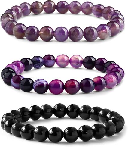 3Pcs 8mm Crystal Bead Bracelets for Women Natural Gemstone Amethyst Rose Quartz Tiger Eye Crystal Bracelet Black Tourmaline Obsidian Bracelet Set for Women Men in Saudi Arabia