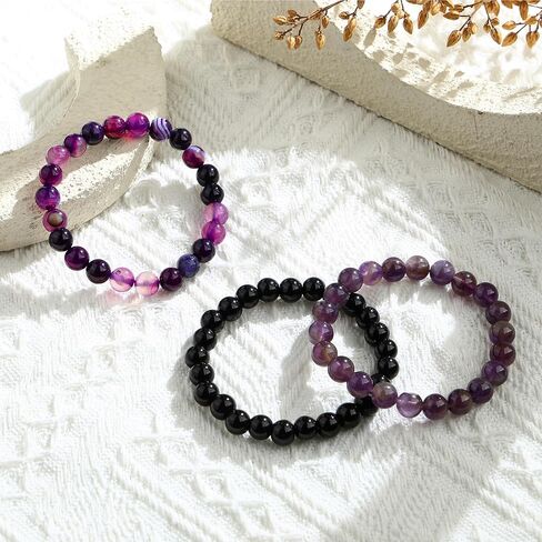 3Pcs 8mm Crystal Bead Bracelets for Women Natural Gemstone Amethyst Rose Quartz Tiger Eye Crystal Bracelet Black Tourmaline Obsidian Bracelet Set for Women Men in Saudi Arabia
