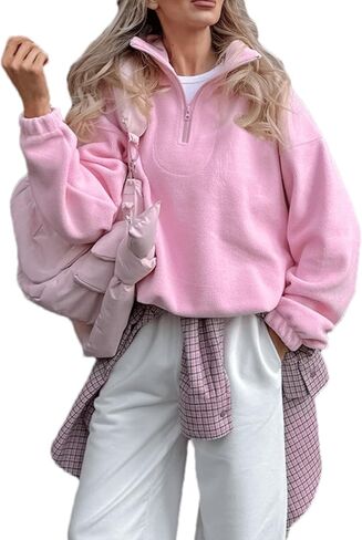 Women's Lightweight Long Sleeve Loose Fit Pullover Half-Zip Collar Fleece Sweatshirt for Autumn & Winter in Saudi Arabia