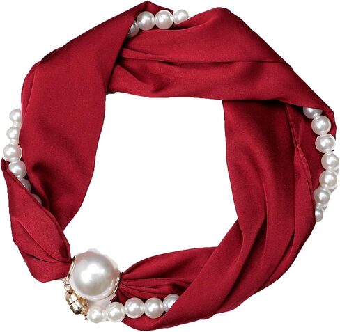 Elegant Pearl Chain Necklace Scarf with Magnetic Clasp Solid Color Satin Scarf,Skinny Silk Neckerchief(P13) in Saudi Arabia