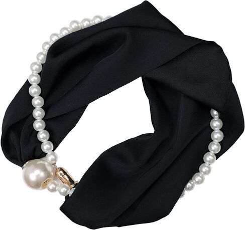 Elegant Pearl Chain Necklace Scarf with Magnetic Clasp Solid Color Satin Scarf,Skinny Silk Neckerchief(P13) in Saudi Arabia