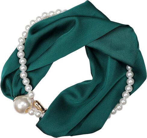 Elegant Pearl Chain Necklace Scarf with Magnetic Clasp Solid Color Satin Scarf,Skinny Silk Neckerchief(P13) in Saudi Arabia