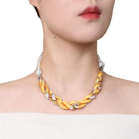 Elegant Pearl Chain Necklace Scarf with Magnetic Clasp Solid Color Satin Scarf,Skinny Silk Neckerchief(P13) in Saudi Arabia