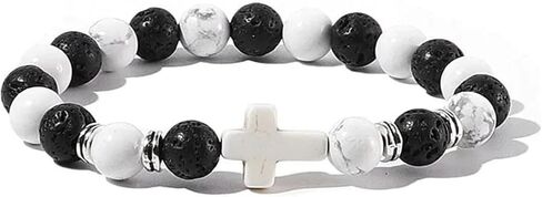 Lava Volcanic Stone Beaded Turquoise Cross Stretch Bracelet 8MM Natural Stone Healing Cross Religious Christian Prayer Elastic Bracelets for Women Men Good Luck Protection Amulet Jewelry Gifts in Saudi Arabia