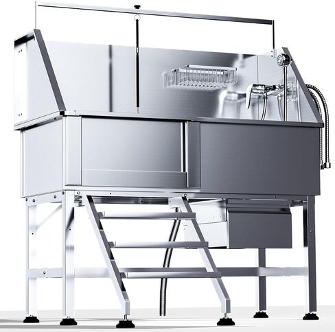 محطة غسل الكلاب للمنزل ، محترفة 46 بوصة من الفولاذ المقاوم للصدأ حمام الكلاب ، ارتفاع قابلة للتعديل الكلاب الحوض مع الدرج ، درج التخزين ، أجزاء ترقية (منحدر يمين) in Kuwait