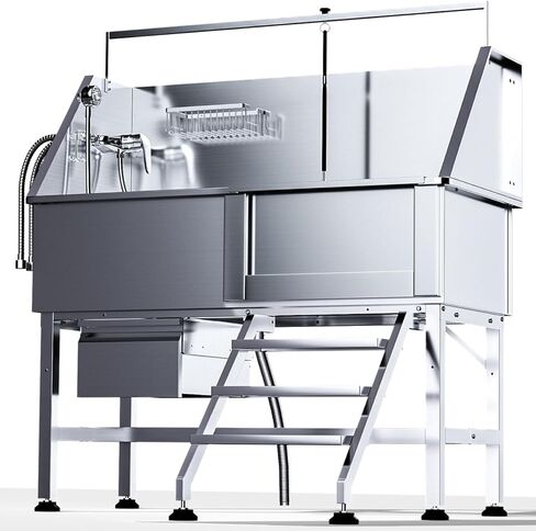 Dog Washing Station for Home, Professional 46" Stainless Steel Dog Bathing Station, Height Adjustable Dog Grooming Tub w/Stair, Storage Drawer, Upgrade Parts(Right ramp) in Kuwait
