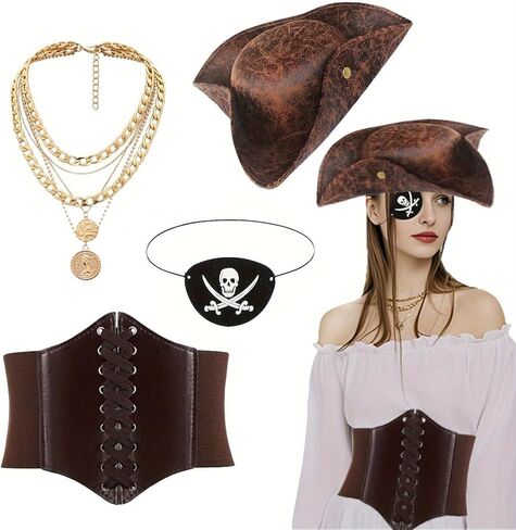 4 Pcs Pirate Costume Cosplay Accessories Corset Belt for Adult Women Tricorn Pirate Captain Hat Corset Belt Eye Patch Necklace Jewelry Outfits for Halloween Accessories in Saudi Arabia