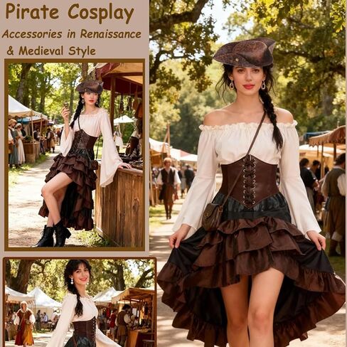 4 Pcs Pirate Costume Cosplay Accessories Corset Belt for Adult Women Tricorn Pirate Captain Hat Corset Belt Eye Patch Necklace Jewelry Outfits for Halloween Accessories in Saudi Arabia