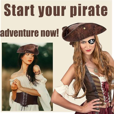 4 Pcs Pirate Costume Cosplay Accessories Corset Belt for Adult Women Tricorn Pirate Captain Hat Corset Belt Eye Patch Necklace Jewelry Outfits for Halloween Accessories in Saudi Arabia