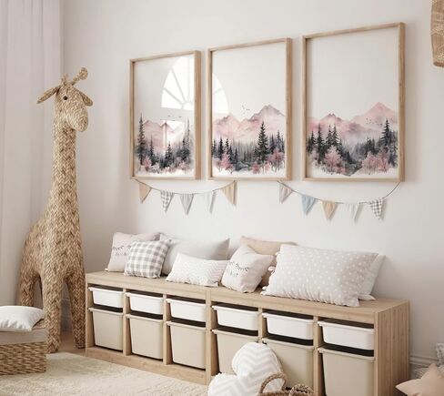 NATVVA Set Of 3 Prints Adventure Theme Wall Art Blush Pink And Gray Forest Canvas Painting Pictures for Girl Mountain Nursery Baby Girl Bedroom Decor With Inner Frame in Saudi Arabia