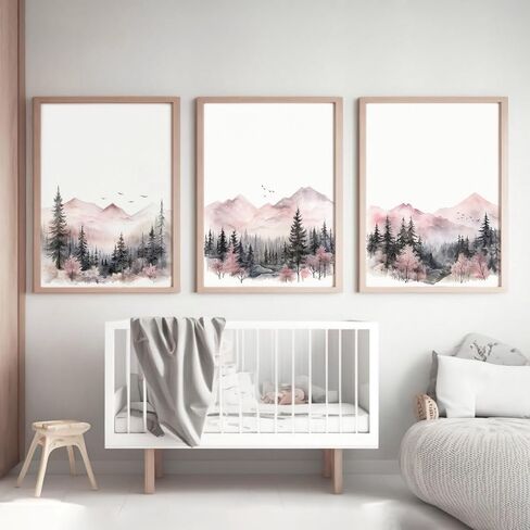 NATVVA Set Of 3 Prints Adventure Theme Wall Art Blush Pink And Gray Forest Canvas Painting Pictures for Girl Mountain Nursery Baby Girl Bedroom Decor With Inner Frame in Saudi Arabia