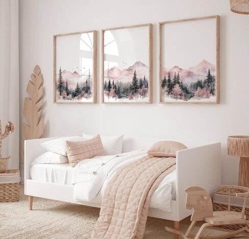 NATVVA Set Of 3 Prints Adventure Theme Wall Art Blush Pink And Gray Forest Canvas Painting Pictures for Girl Mountain Nursery Baby Girl Bedroom Decor With Inner Frame in Saudi Arabia