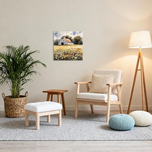 لوحة فنية جدارية مؤطرة مقاس 16 × 16 بوصة - ديكور حائط مزرعة ريفية مع زهور ومراعي - صورة مناظر طبيعية ريفية لغرفة المعيشة والمطبخ وغرفة النوم in Kuwait