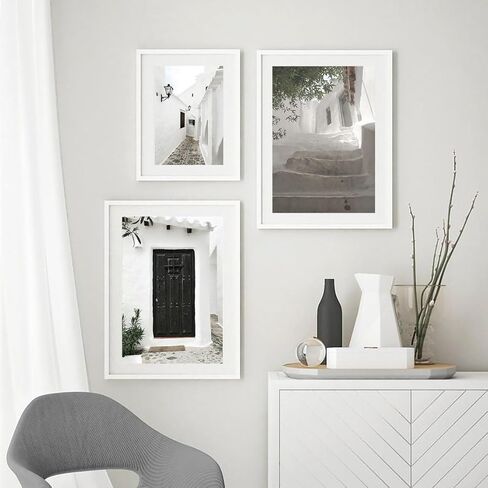 NATVVA Canvas Painting 3 Pieces Prints Black & White San-torini Wall Art Modular Architecture Greece Poster Pictures Artwork for Living Room Home Decor With Wooden Inner Frame in Saudi Arabia