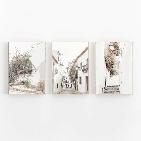 NATVVA Canvas Painting 3 Pieces Prints Black & White San-torini Wall Art Modular Architecture Greece Poster Pictures Artwork for Living Room Home Decor With Wooden Inner Frame in Saudi Arabia