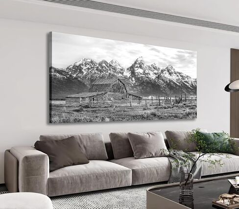 Farmhouse Rustic Barn Wall Art for Living Room Bedroom Large Size Grand Teton Black White Canvas Pictures Artwork Prints Snow Mountain Grassland Nature Landscape for Home Office Decor 29" X 58" in Saudi Arabia