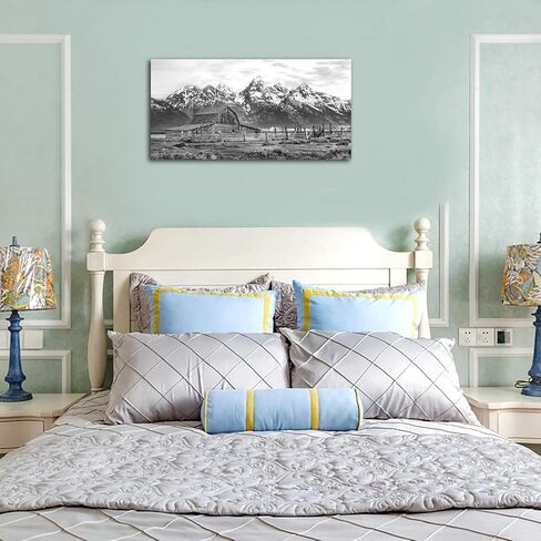 Farmhouse Rustic Barn Wall Art for Living Room Bedroom Large Size Grand Teton Black White Canvas Pictures Artwork Prints Snow Mountain Grassland Nature Landscape for Home Office Decor 29" X 58" in Saudi Arabia