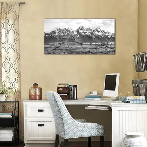Farmhouse Rustic Barn Wall Art for Living Room Bedroom Large Size Grand Teton Black White Canvas Pictures Artwork Prints Snow Mountain Grassland Nature Landscape for Home Office Decor 29" X 58" in Saudi Arabia