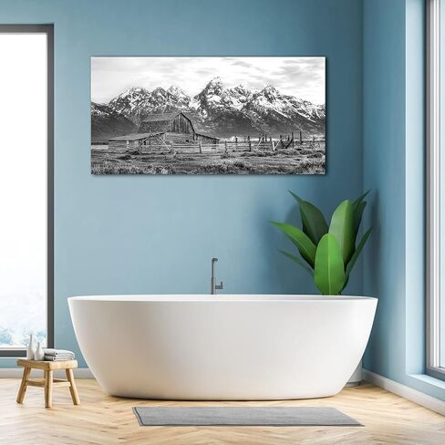 Farmhouse Rustic Barn Wall Art for Living Room Bedroom Large Size Grand Teton Black White Canvas Pictures Artwork Prints Snow Mountain Grassland Nature Landscape for Home Office Decor 29" X 58" in Saudi Arabia