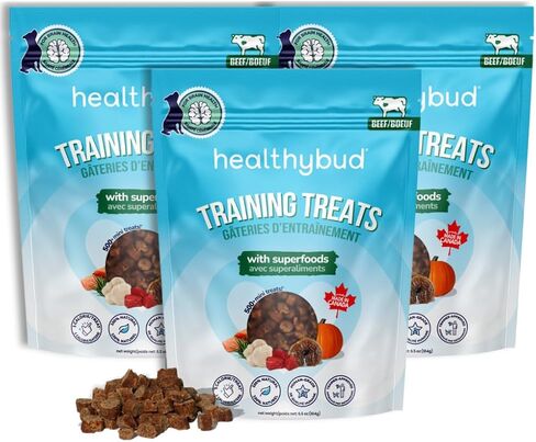 HealthyBud Mini Training Trading - لدغات مدرب ناعمة ، 500 بت ، 1 كيلو كالوري لكل لدغة ، 6.5 أوقية ، ريشي ، ماني الأسد ، زيت سمك السلمون ، مضغ جرو (دجاج) in Saudi Arabia