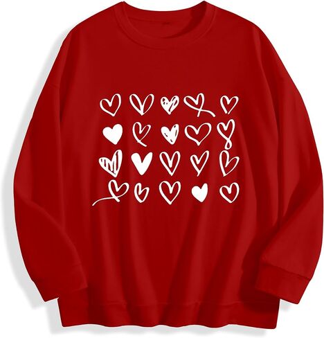 Women’s Red Casual Sweatshirt - White Heart Pattern Crewneck Long Sleeve Top in Saudi Arabia