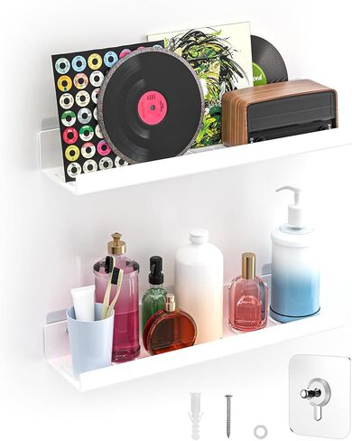 أرفف عائمة - أكريليك / PET مثبتة على الحائط بدون حفر مع مادة لاصقة، رفوف غير مرئية للحمام وغرفة النوم للمطبخ وغرفة المعيشة والديكور الشفاف (أبيض، مجموعة مكونة من قطعتين) in Kuwait