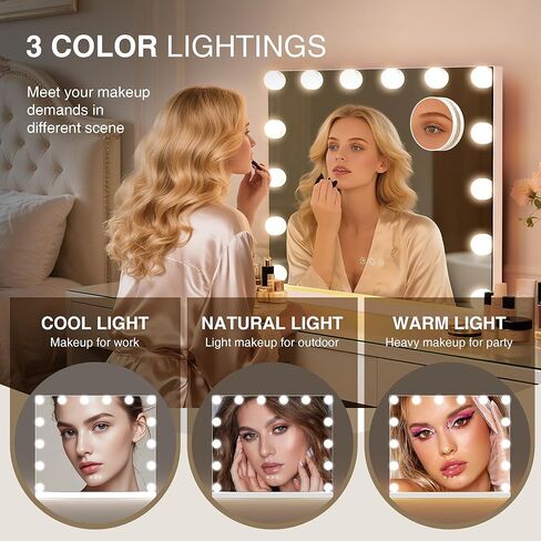 Vanity Makeup Mirror with Lights,Hollywood Vanity Mirror with 3 Color Modes,Lighted Vanity Mirror with Dimmable LED Bulbs &10X Magnification for Desk,Bedroom,Tabletop (White, 20.5" x 15.7") in Saudi Arabia