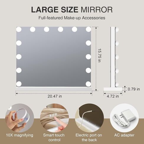 Vanity Makeup Mirror with Lights,Hollywood Vanity Mirror with 3 Color Modes,Lighted Vanity Mirror with Dimmable LED Bulbs &10X Magnification for Desk,Bedroom,Tabletop (White, 20.5" x 15.7") in Saudi Arabia