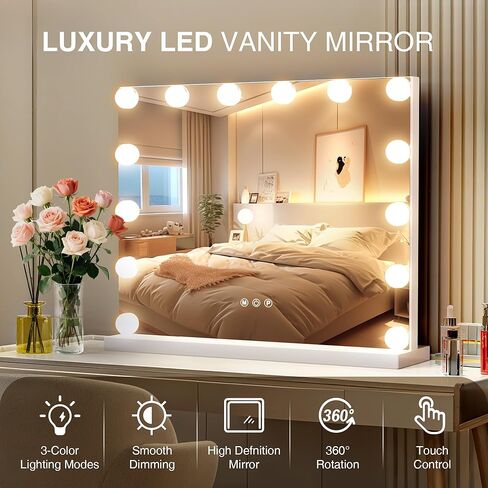 Vanity Makeup Mirror with Lights,Hollywood Vanity Mirror with 3 Color Modes,Lighted Vanity Mirror with Dimmable LED Bulbs &10X Magnification for Desk,Bedroom,Tabletop (White, 20.5" x 15.7") in Saudi Arabia