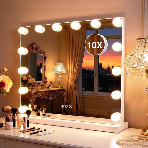 Vanity Makeup Mirror with Lights,Hollywood Vanity Mirror with 3 Color Modes,Lighted Vanity Mirror with Dimmable LED Bulbs &10X Magnification for Desk,Bedroom,Tabletop (White, 20.5" x 15.7") in Saudi Arabia