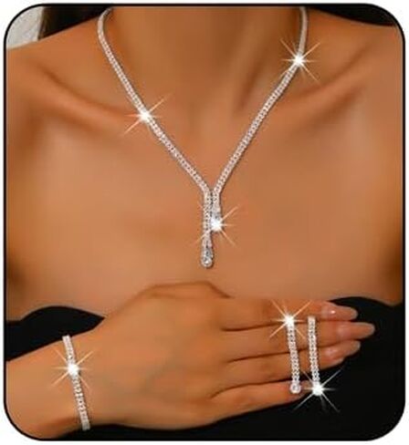 Sparkling Rhinestone Tassels Earrings Necklace Ring Bracelet Set Elegant Crystal Earrings Necklace Bracelet Sets Bridal Wedding Prom Party Costume Jewelry for Women in Saudi Arabia