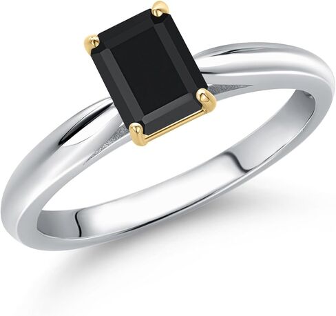 Gem Stone King 925 Silver and 10K Yellow Gold Black Onyx Engagement Ring For Women | 0.56 Cttw | Emerald Cut 6X4MM | Gemstone December Birthstone in Saudi Arabia