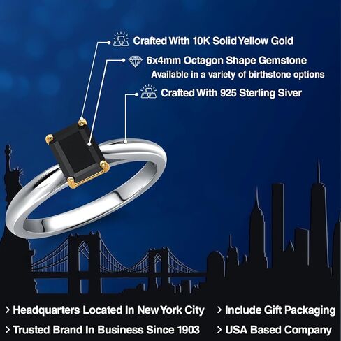 Gem Stone King 925 Silver and 10K Yellow Gold Black Onyx Engagement Ring For Women | 0.56 Cttw | Emerald Cut 6X4MM | Gemstone December Birthstone in Saudi Arabia