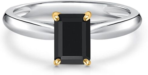 Gem Stone King 925 Silver and 10K Yellow Gold Black Onyx Engagement Ring For Women | 0.56 Cttw | Emerald Cut 6X4MM | Gemstone December Birthstone in Saudi Arabia