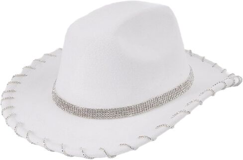 Cowboy Hat with Belt Rhinestone Bridal Shower Hat Crystal Hat for Club Stage, white in Saudi Arabia