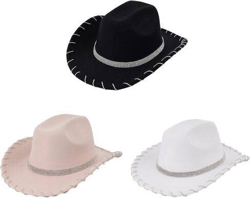 Cowboy Hat with Belt Rhinestone Bridal Shower Hat Crystal Hat for Club Stage, white in Saudi Arabia