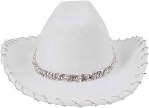 Cowboy Hat with Belt Rhinestone Bridal Shower Hat Crystal Hat for Club Stage, white in Saudi Arabia