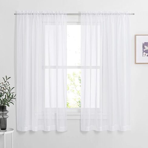 White Sheer Curtains 63 inch Length for Bedroom, Rod Pocket Translucent Voile Sheer Airy & Breathable Curtain Panels for Flat/Apartment, 2 Pieces, 60" W in Saudi Arabia