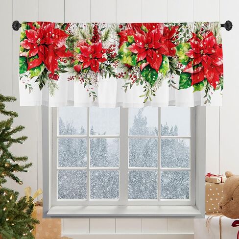 Christmas Poinsettia Curtain Valances Decoration, Suitable for Kitchen, Bedroom, 52lx18w Inch Xmas Elegant Holiday. in Saudi Arabia