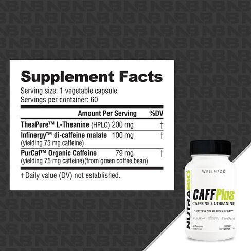 NutraBio CaffPlus, Dual Source Caffeine with Theanine for Healthy Energy Boost - 60 Vegetable Capsules in Saudi Arabia