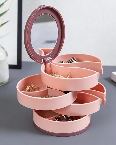 Red Rotating Multi-Layer Jewelry Box - Elegant Earring Organizer with Necklace Holder - Dust-Proof and Compact - Perfect for Dainty Collections BLC47-02 in Saudi Arabia