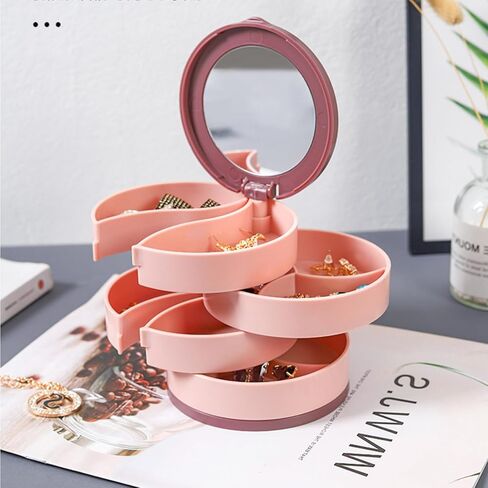 Red Rotating Multi-Layer Jewelry Box - Elegant Earring Organizer with Necklace Holder - Dust-Proof and Compact - Perfect for Dainty Collections BLC47-02 in Saudi Arabia