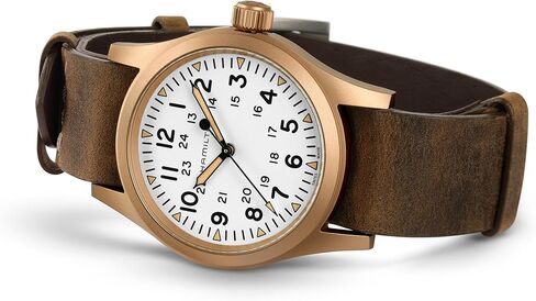 ساعة هاميلتون كاكي فيلد ميكانيكية للرجال، هيكل برونزي وتيتانيوم 38 ملم، صناعة سويسرية، ساعة يد تناظرية بمينا أبيض للرجال، مقاومة للماء حتى 50 متر، كريستال ياقوتي، حزام من جلد العجل in Kuwait