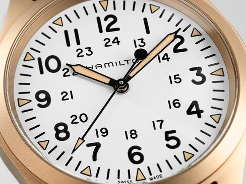 ساعة هاميلتون كاكي فيلد ميكانيكية للرجال، هيكل برونزي وتيتانيوم 38 ملم، صناعة سويسرية، ساعة يد تناظرية بمينا أبيض للرجال، مقاومة للماء حتى 50 متر، كريستال ياقوتي، حزام من جلد العجل in Kuwait