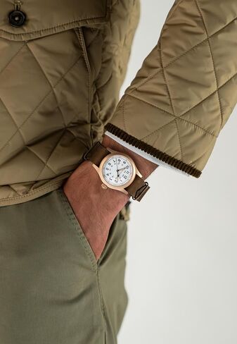 ساعة هاميلتون كاكي فيلد ميكانيكية للرجال، هيكل برونزي وتيتانيوم 38 ملم، صناعة سويسرية، ساعة يد تناظرية بمينا أبيض للرجال، مقاومة للماء حتى 50 متر، كريستال ياقوتي، حزام من جلد العجل in Kuwait