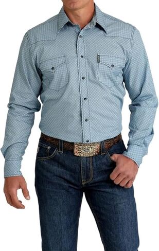 Cinch Western Shirt Mens L/S Geometric Print Light Blue MTW1303078 in Saudi Arabia