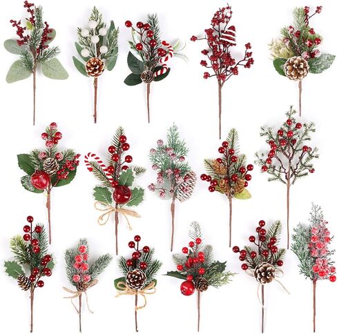 LOAVER 16 Pack Artificial Christmas Red Berry Picks Assorted Faux Pine Branches Spray with Pinecones Holly Stems for Xmas Tree Floral Arrangement Winter Wreath Gift Wrapping Decor in Saudi Arabia