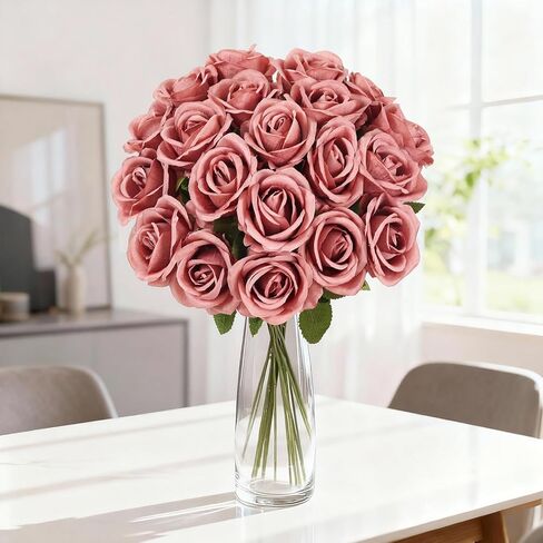 20PCS Artificial Roses with Long Stems - Realistic Silk Flowers, Fake Roses Real Touch Bouquet of Roses for Home Decor, Bridal Wedding Party Table Centerpieces, Bulk Faux Rose Flowers (White Red) in Saudi Arabia