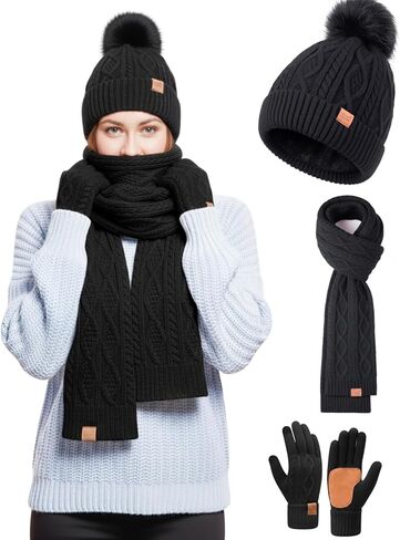 Womens Hat Scarf Gloves Set Winter Warm Thick Soft Long Knit Scarf Fleece Lined Beanie Touchscreen Glove Cold Weather Gift in Saudi Arabia